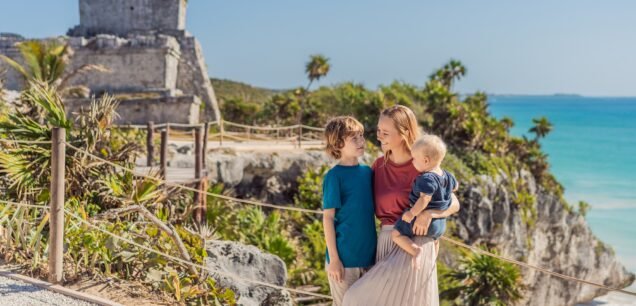 Mother,And,Two,Sons,Tourists,Enjoying,The,View,Pre-columbian,Mayan