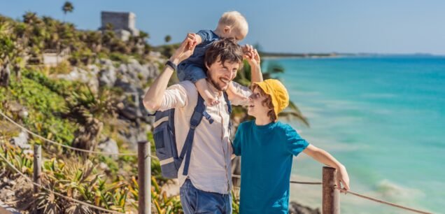 Father,And,Two,Sons,Tourists,Enjoying,The,View,Pre-columbian,Mayan