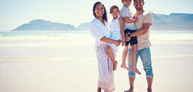 Beach,,Family,And,Portrait,Of,Parents,With,Kids,,Smile,And