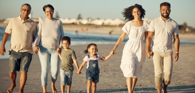 Family,On,Beach,With,Children,Smile,While,Parents,,Kids,Grandparents