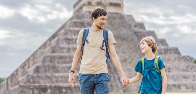 Father,And,Son,Tourists,Observing,The,Old,Pyramid,And,Temple