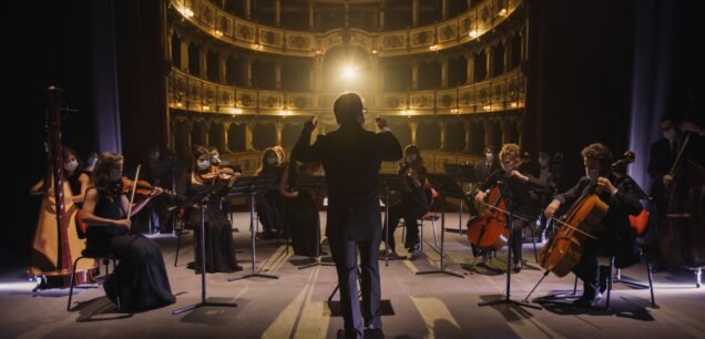 Back,View,Of,Professional,Conductor,Directing,Symphony,Orchestra,With,Performers