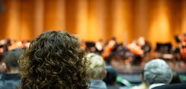 Back,View,Of,A,Female,Audience,With,Golden,Curly,Hairs
